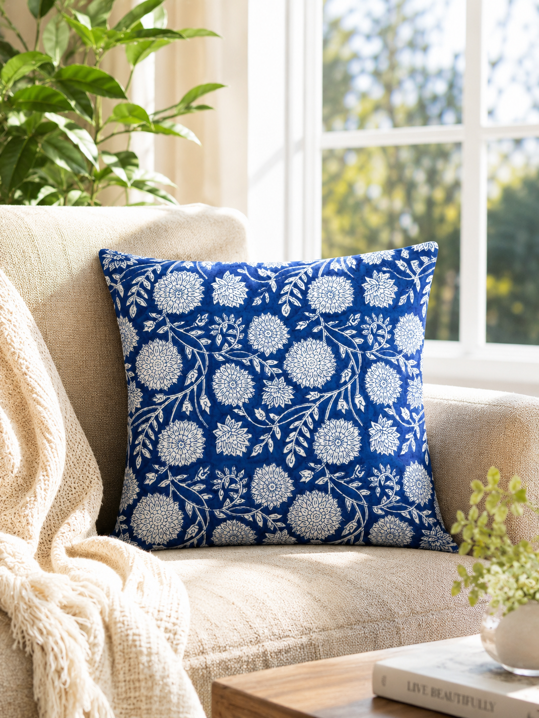 Indigo floral Block Printed cushion Cover