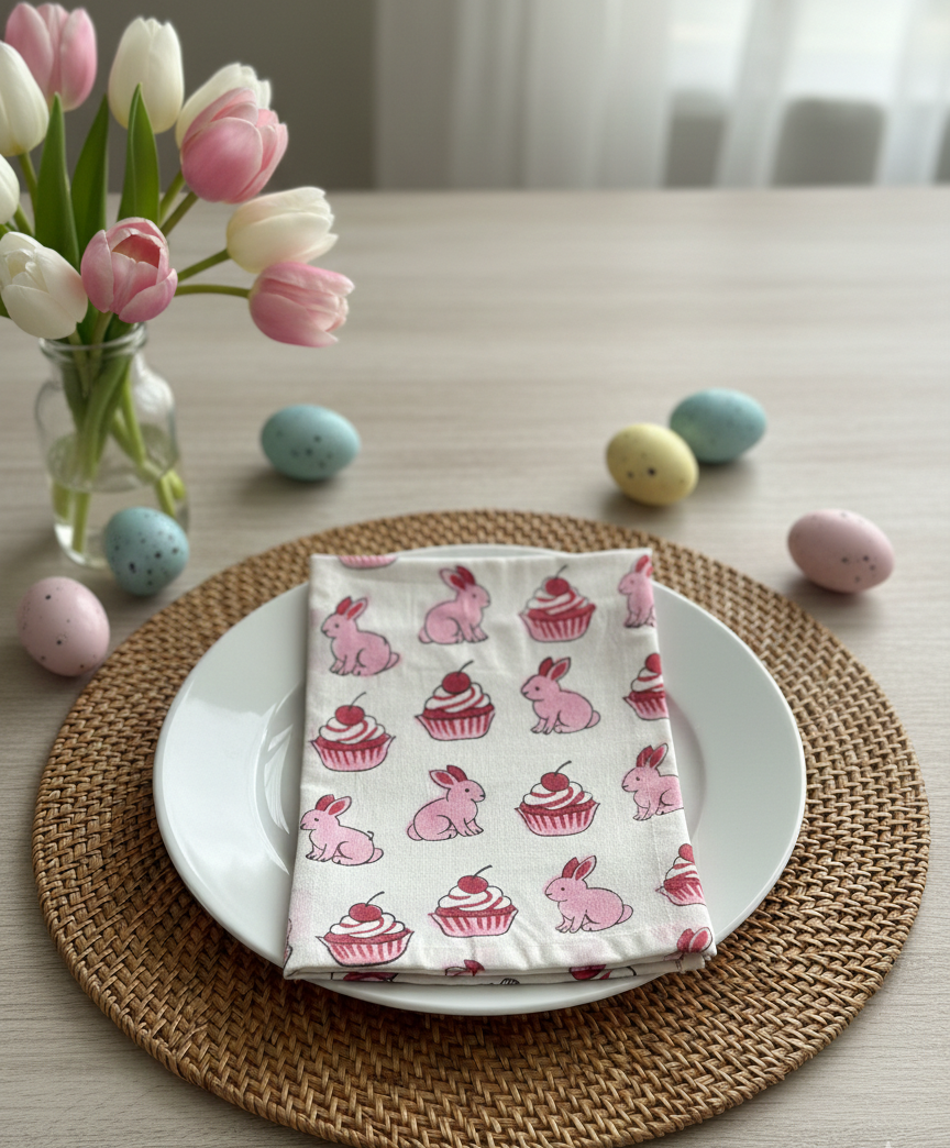 Easter-themed table setting with a napkin featuring bunnies and cupcakes, eggs, and tulips on a wooden table.