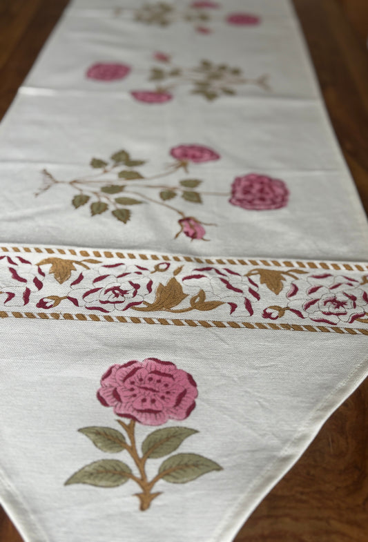 Hand block printed floral table runner in 100% cotton, 180 x 36 cms