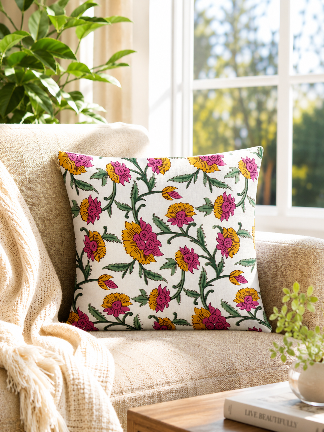 Pink and Mustard Floral Print Cotton Cushion Cover