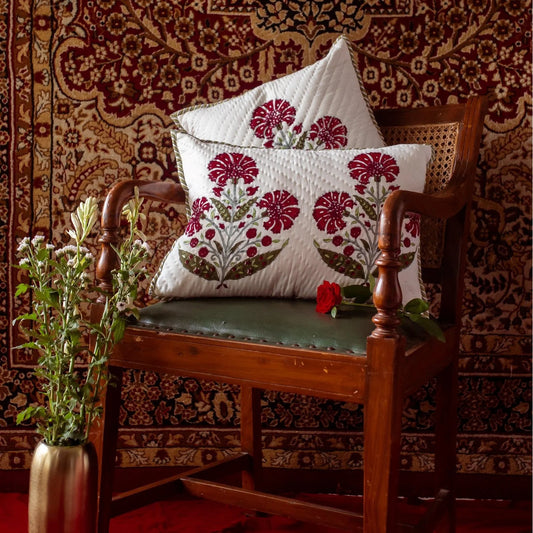 Mulmul Soft Luxury Cushion with red poppy flower print