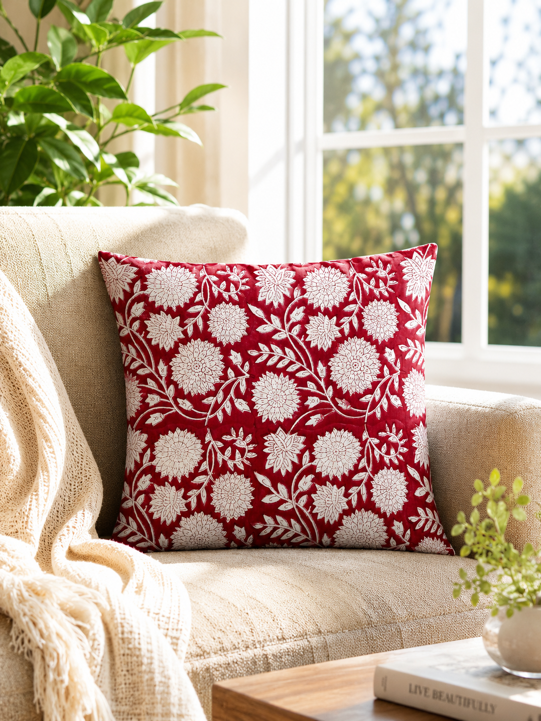 Red Floral Cotton Cushion Cover