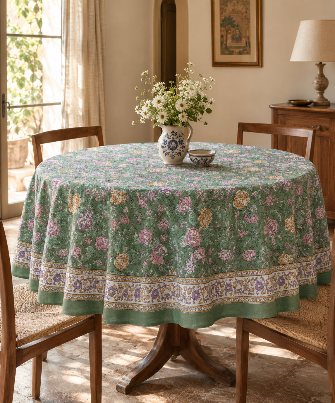 A round dining table covered with a green floral tablecloth, styled with a ceramic vase of white flowers and a small bowl in a warm, sunlit dining room.