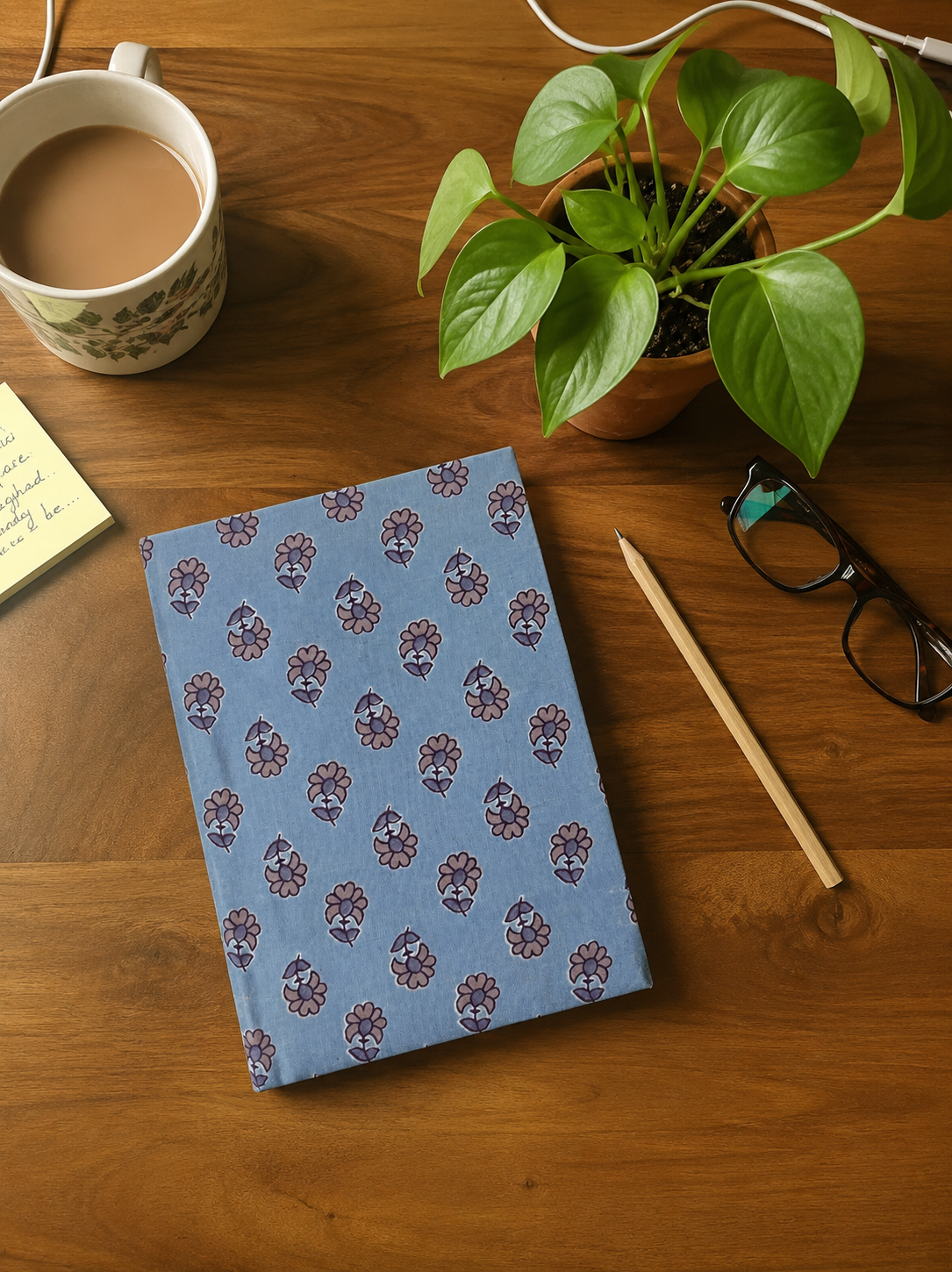 Soft blue hand block printed diary with delicate floral motifs