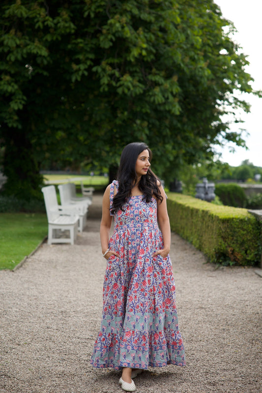 Block printed cotton holiday dress with cotton lining an pockets