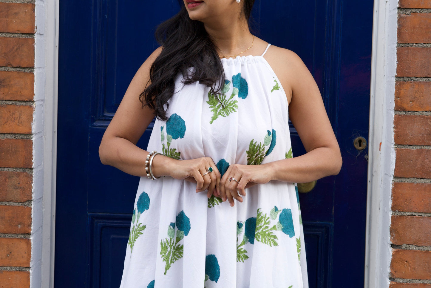 Summer cotton flare dress with blue marigold block print and cotton lining