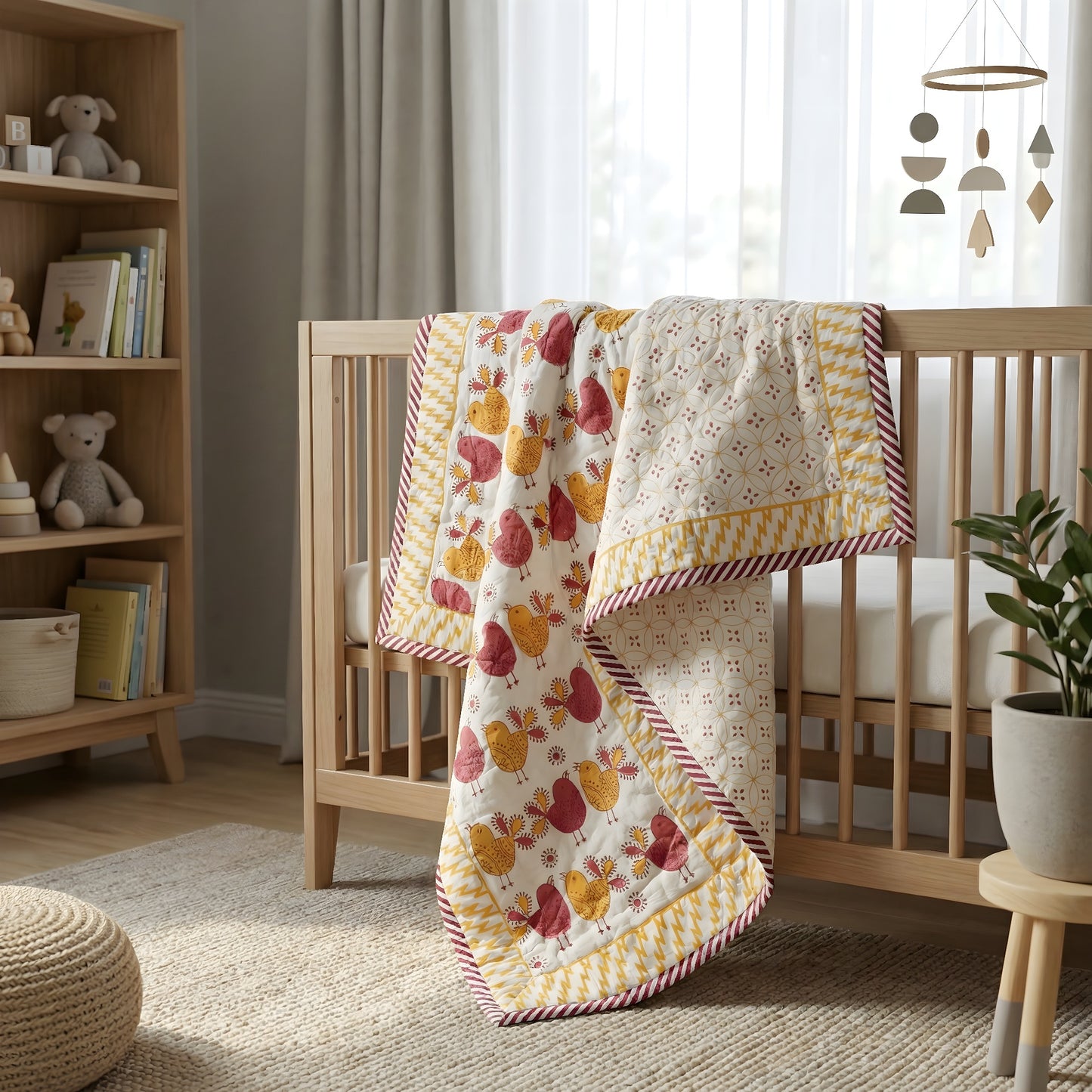 baby quilt with red and yellow bird in baby crib