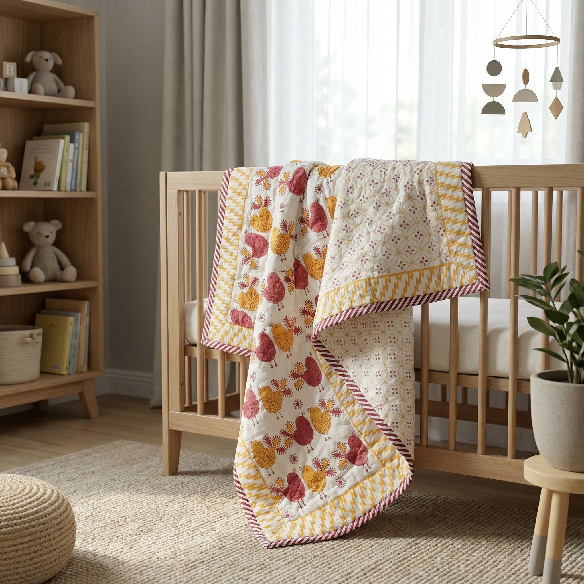 Red and yellow bird baby quilt with whimsical bird print in bright colours, lightweight cotton bedding for infants and nursery décor.