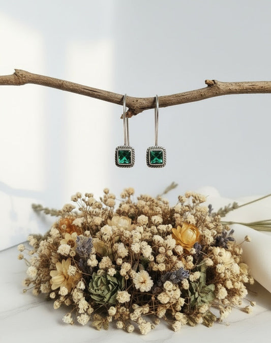 Small Green Square Silver Hook Earrings