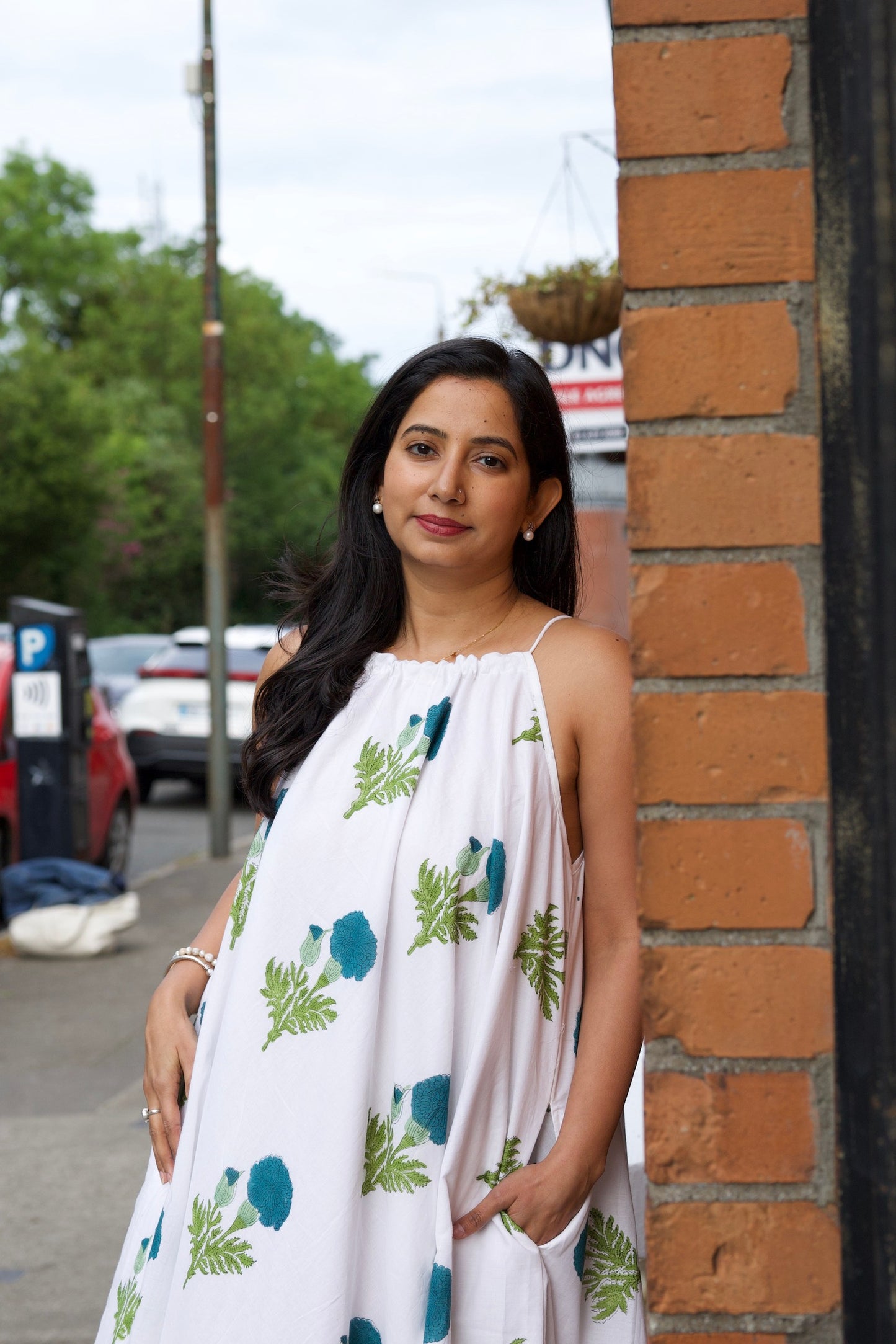 cotton flare dress with handcrafted blue marigold motifs and pockets