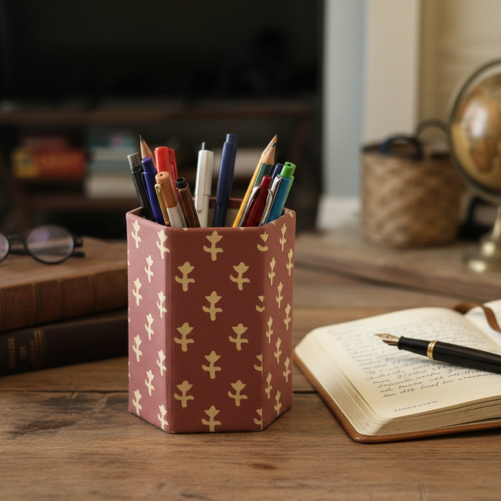 Pencil holder with stationery on a desk next to an open book