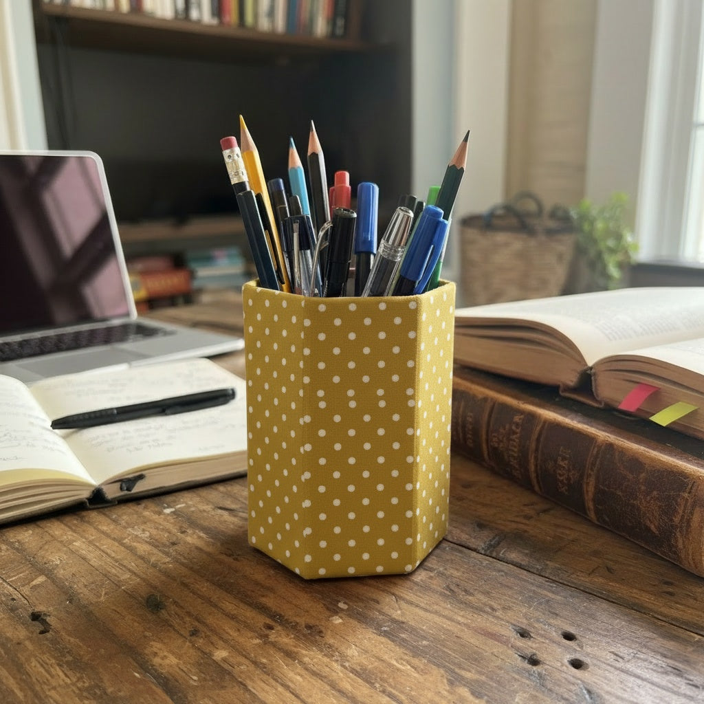 Yellow polka dot pencil holder with pens on a wooden desk with books and a laptop.