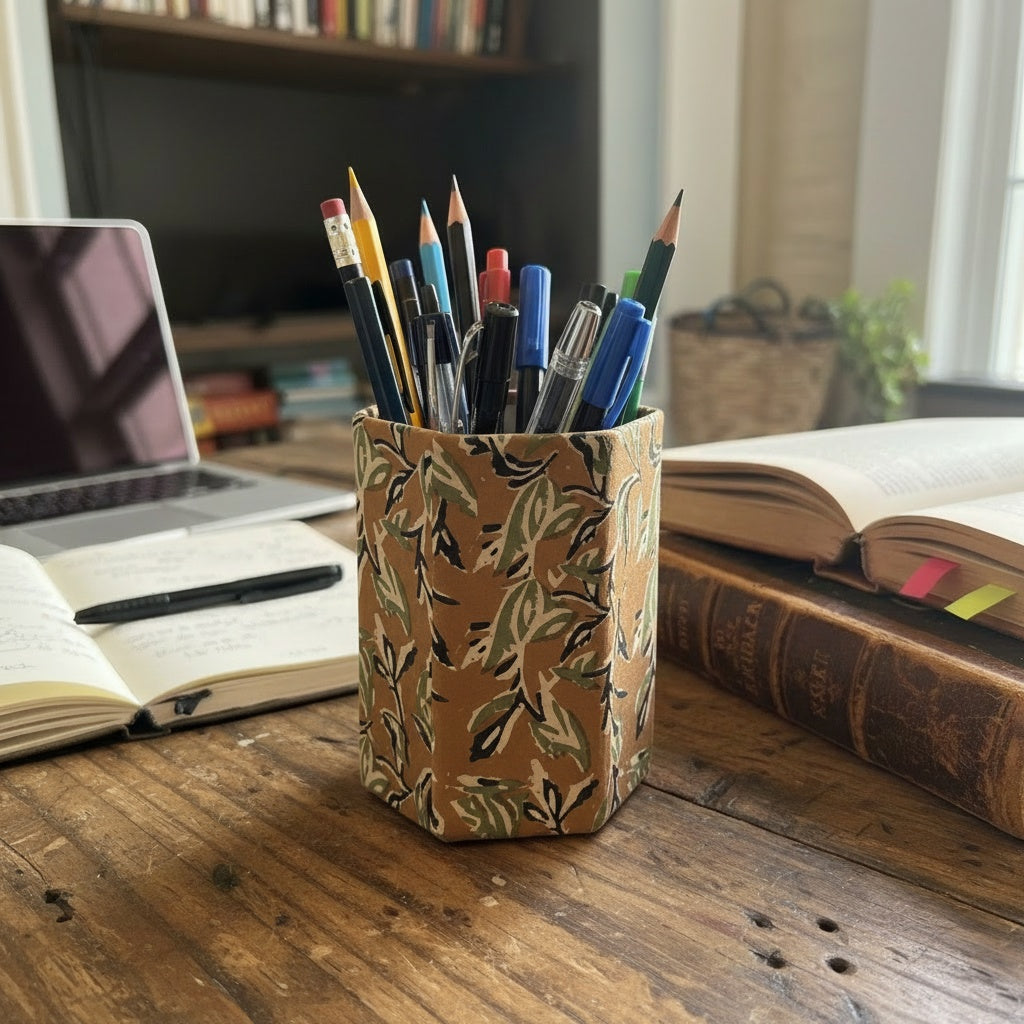 Block Printing Pen holder with stationery on a wooden desk with books and a laptop in the background