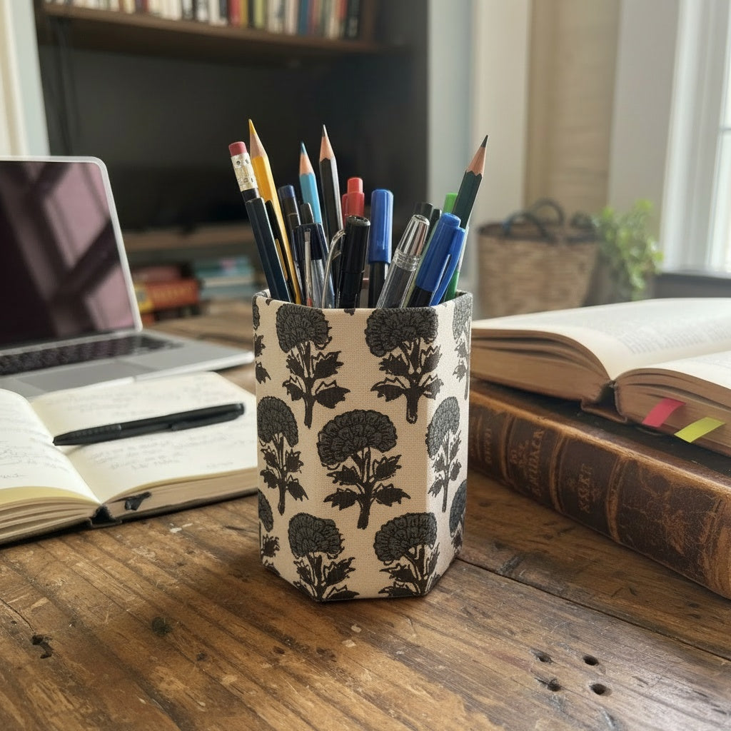 Block Printed Pencil Pen holder in an office on a desk with books and a laptop