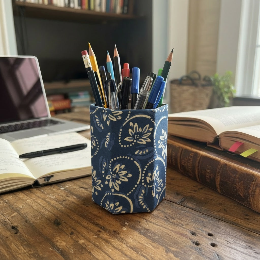 Blue patterned pencil holder with pencils on a wooden desk with books and a laptop.