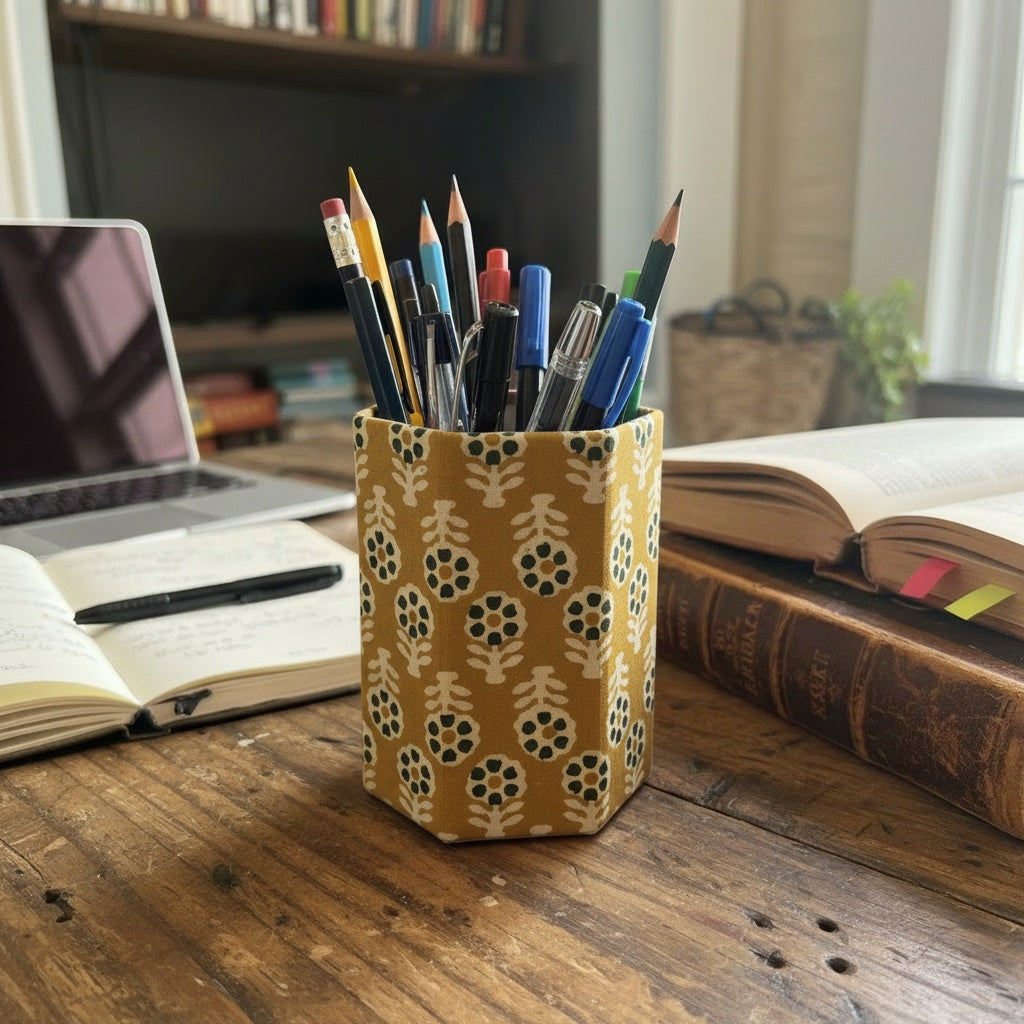 Pen stand on a desk with books and a laptop in the background
