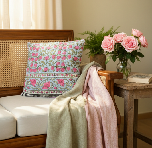 sky blue cushion with pink roses 