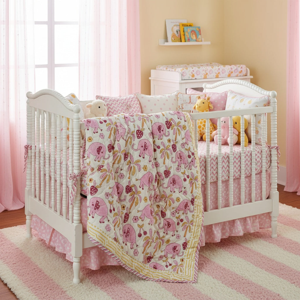 Pink Elephant Garden baby quilt with playful elephant and floral print in soft pink tones, lightweight cotton bedding for nursery.