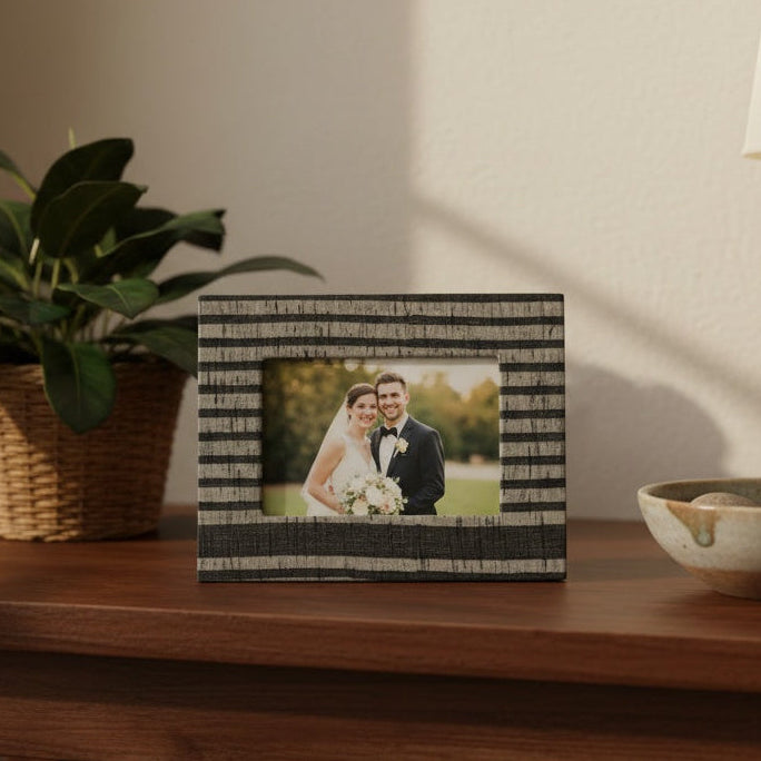 Handmade mono stripe photo frame holding a 3×5 photograph, artisanal striped fabric frame for home décor.