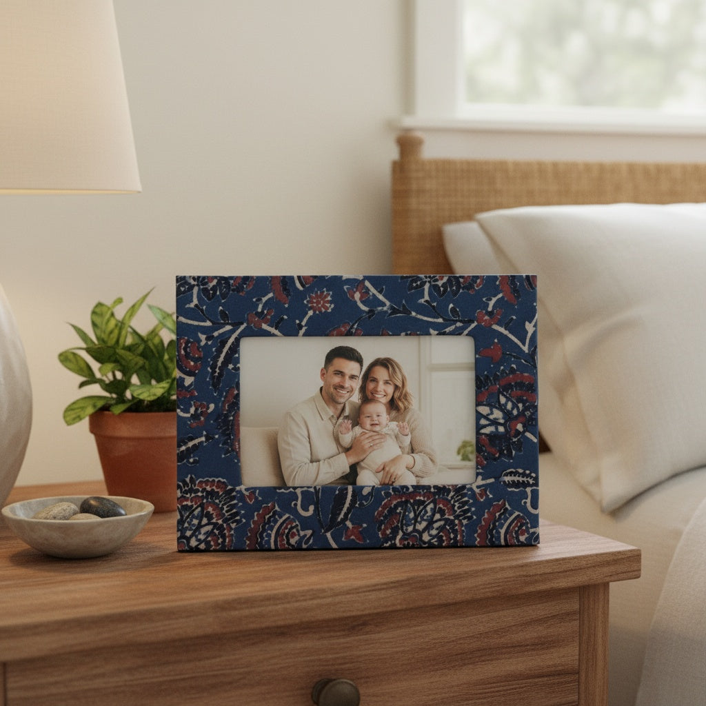 Handmade blue and red floral block-printed photo frame holding a 3×5 photograph, artisanal fabric frame for home décor.